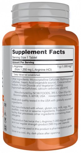 NOW Double Strength Arginine 1000 mg, Аргинин Двойная сила 1000 мг, 60 таблеток