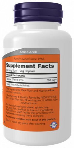NOW Taurine 500 mg, 100 капсул